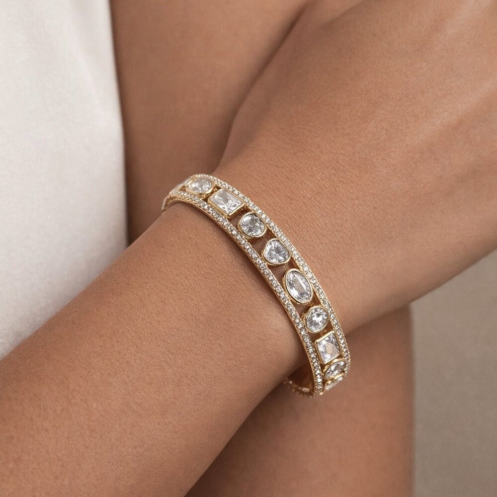 Artisan Modernist Shiny Gold Bangle Bracelet with Pave CZ Assorted Shapes